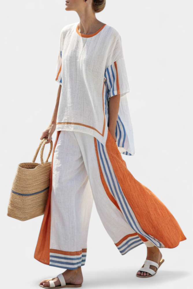 Round Neck Short Sleeve Top and Striped Wide Leg Pants Two Piece Set
