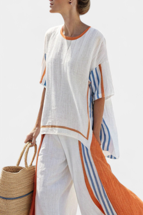 Round Neck Short Sleeve Top and Striped Wide Leg Pants Two Piece Set