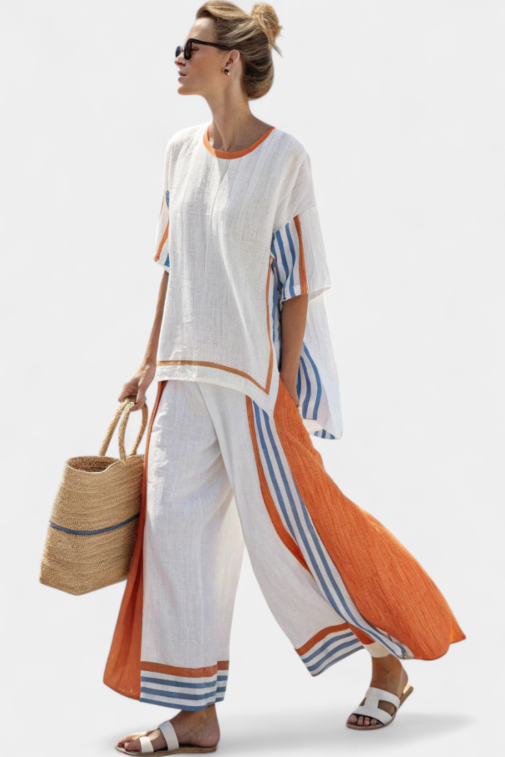 Round Neck Short Sleeve Top and Striped Wide Leg Pants Two Piece Set