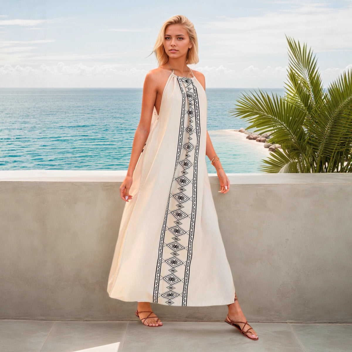 Summer Women High Slit Halter Strap Bare Back Holiday Maxi Dress