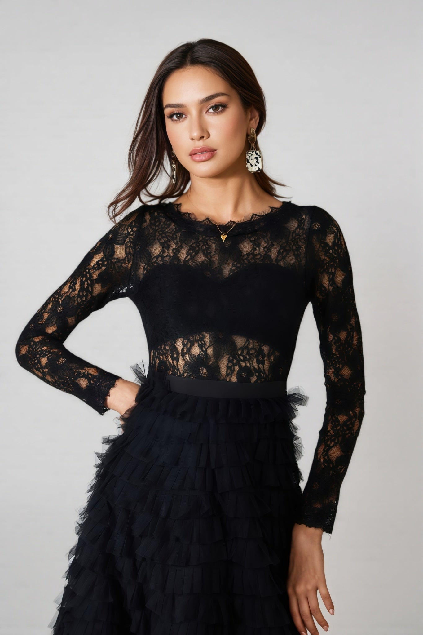 Rafik Black Hollow Lace A-line Maxi Dress - View 4