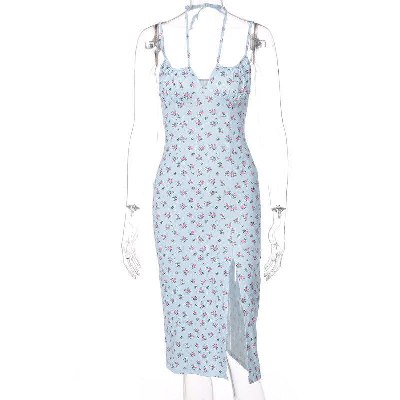 Ditsy Floral Spaghetti Strap Lace Up Bust High Split Midi Dress 7