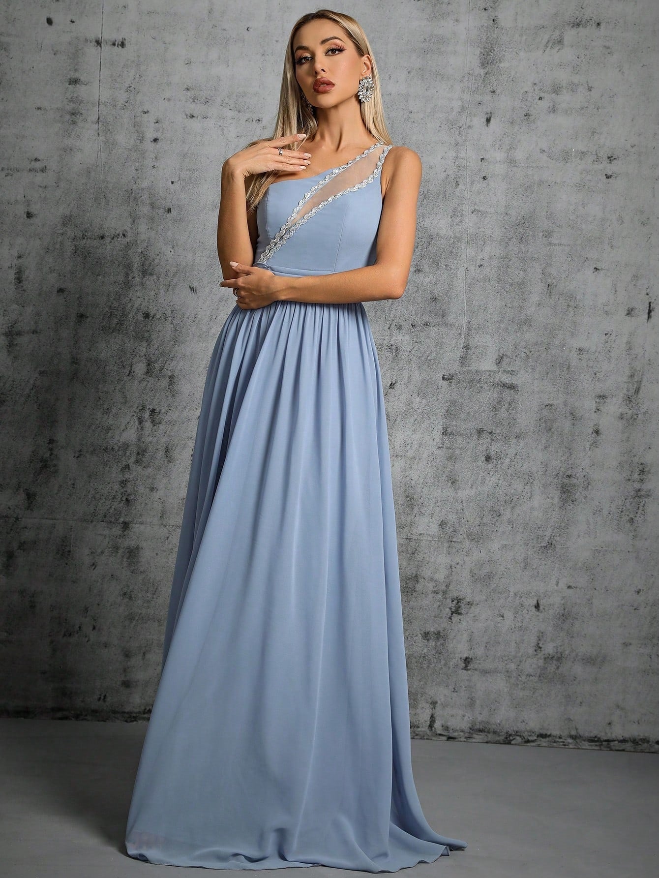 One Shoulder Lace Trim Chiffon A-Line Maxi Evening Gown