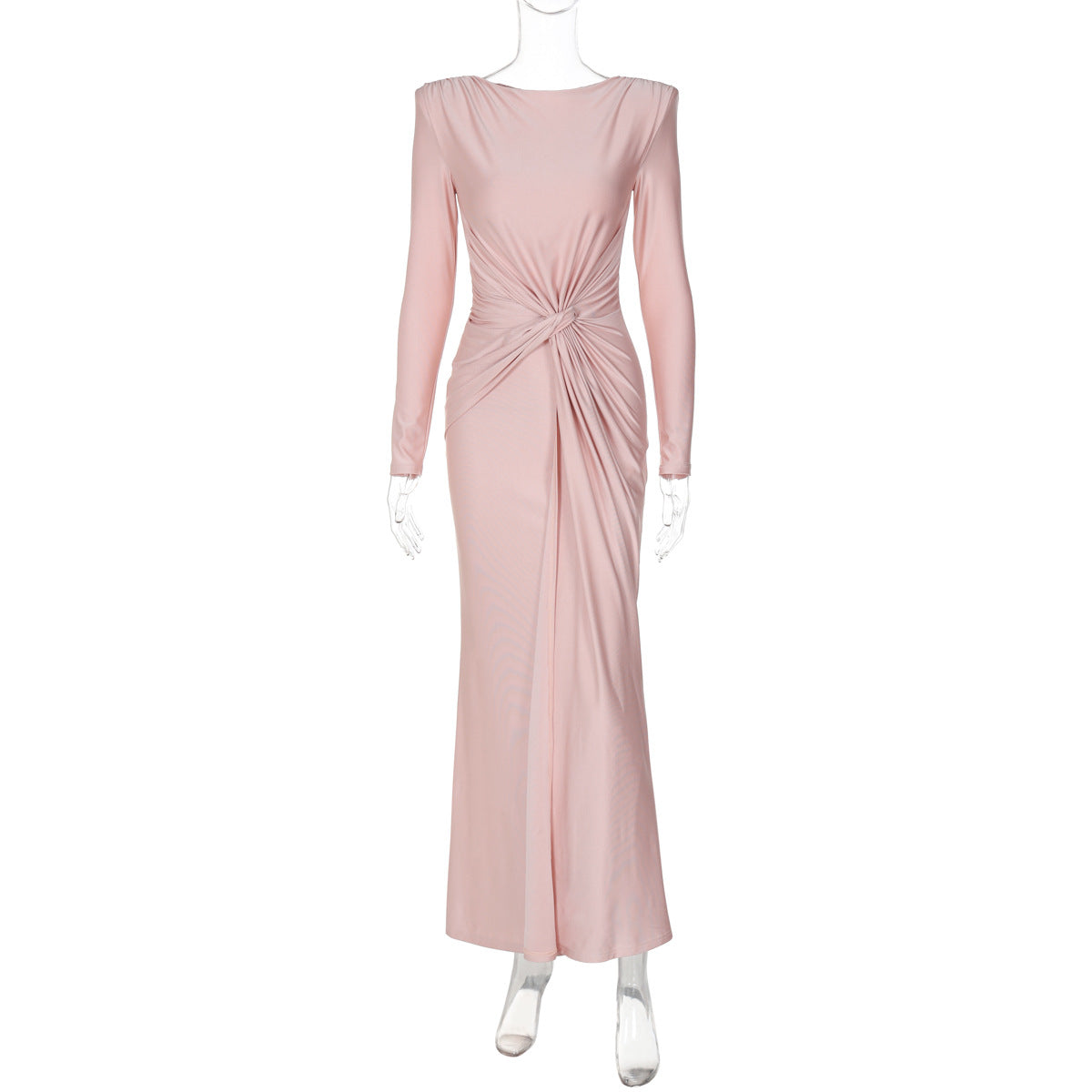 Satin Round Neck Long Sleeve Ruched Mermaid Maxi Gown