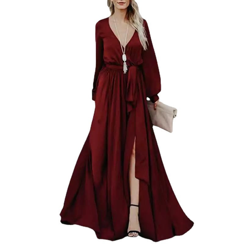 Satin Deep V-Neck Long Lantern Sleeve Belted High Split Maxi Dress