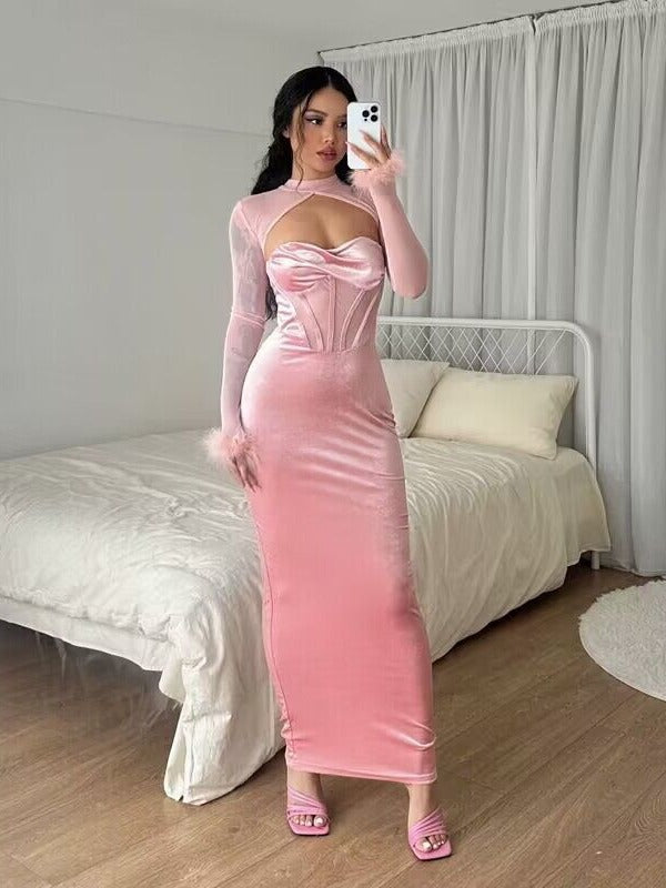 Evening Feather-Decorated Velvet Maxi Dress - View 3