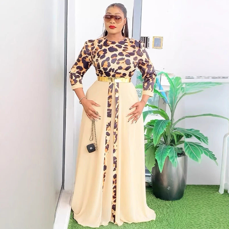 Elegant Office Waist Tight Leopard Splicing Chiffon Multi Layer Swing Dress