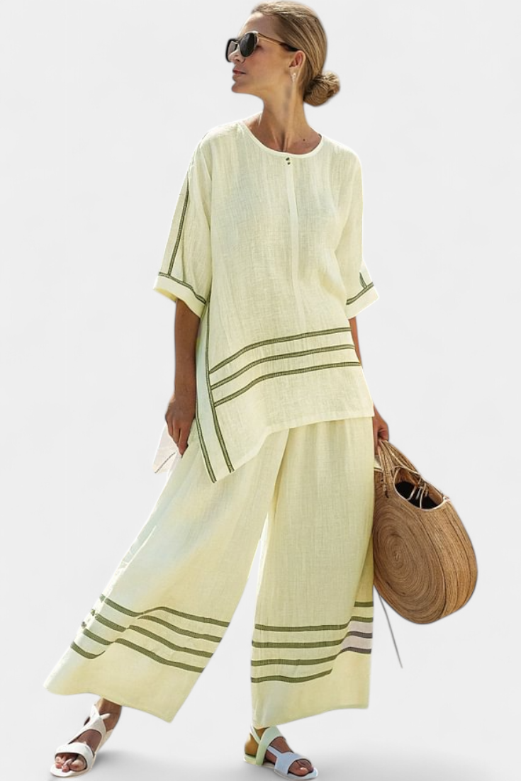 Striped Trim Short Sleeve Top and Wide Leg Pants Two Piece Set
