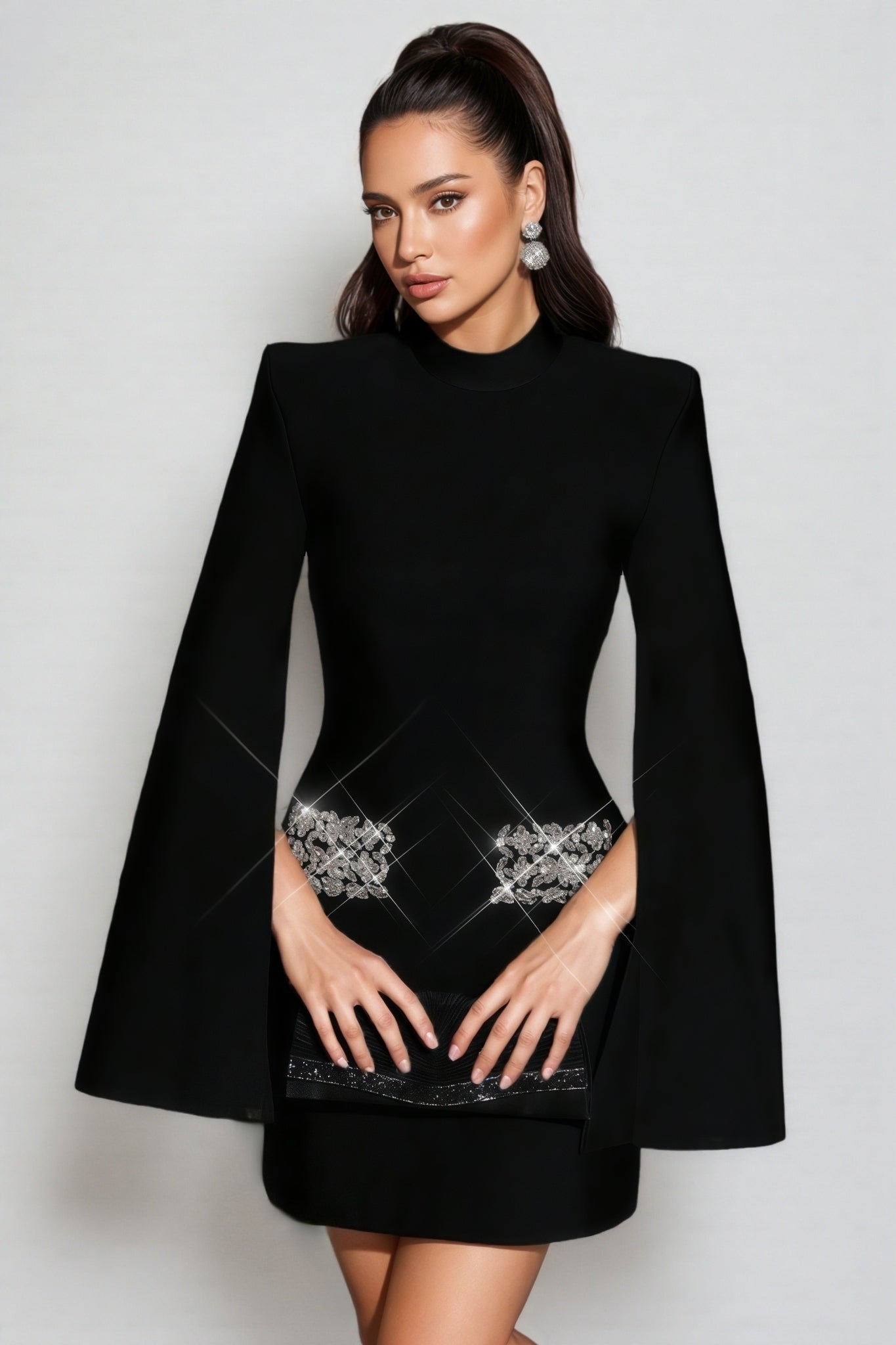 Rhinestone Waist Bandage Mock Neck Structured Shoulder Bell Sleeve Bodycon Mini Dress