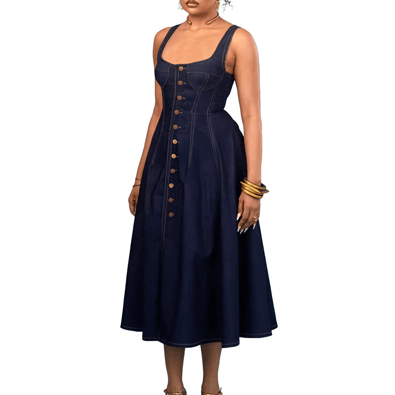 Denim-Look Square Neck Button Front Sleeveless Fit and Flare Midi Dress 4