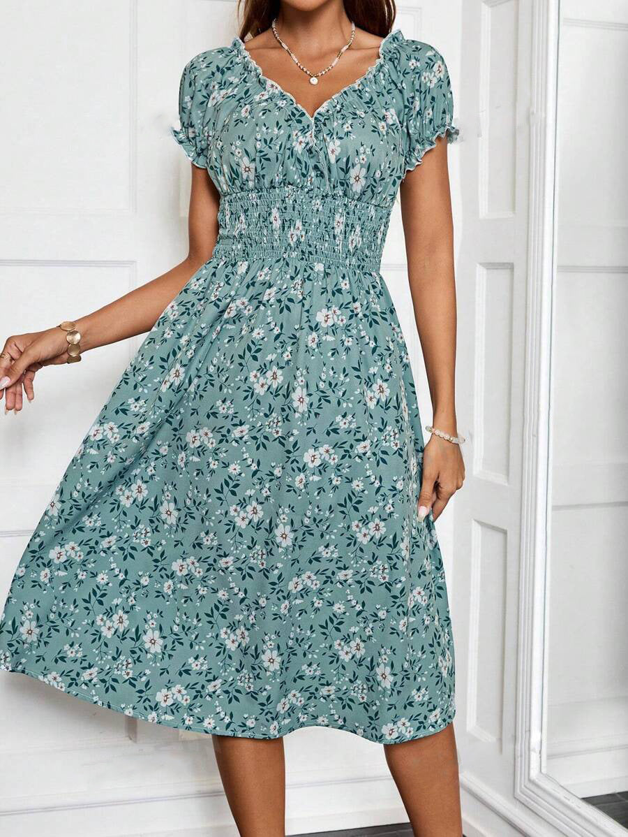 Floral V-Neck Short Sleeve Smocked Waist Fit and Flare Midi Dress