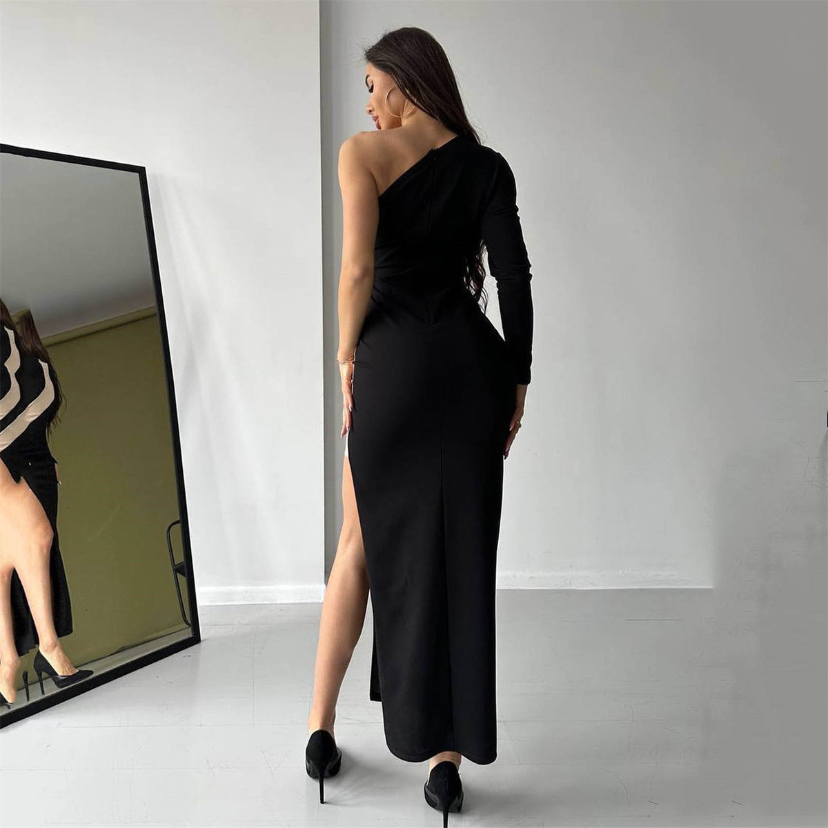One Shoulder Single Long Sleeve Mesh Panel High Split Bodycon Midi Dress 4