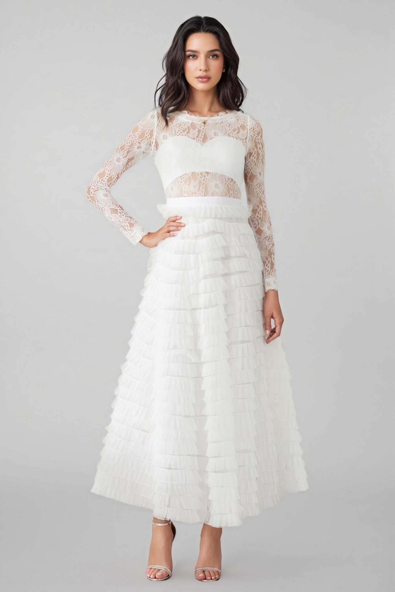 Yuio White Hollow Lace A-line Maxi Dress - View 3