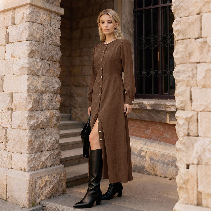 Corduroy Round Neck Button Front Long Sleeve Tie Back Maxi Dress 3