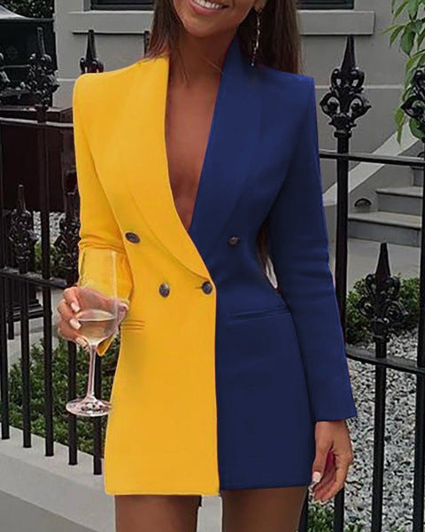 Double Breasted Flap Pocket Long Sleeve Deep V-Neck Blazer Mini Dress