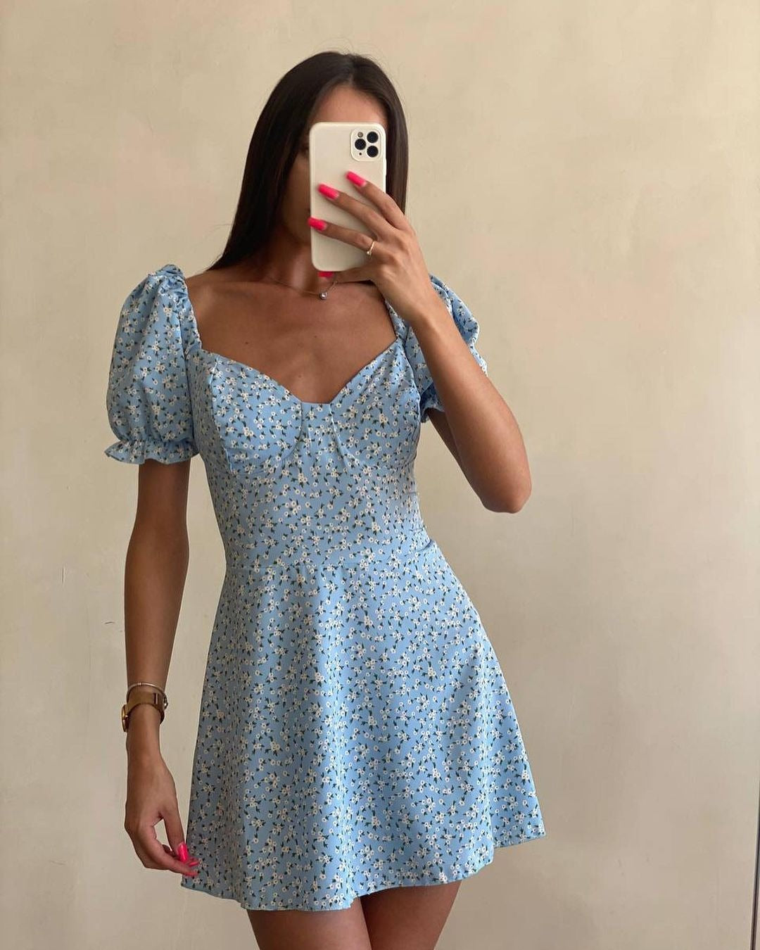 Floral Print Sweetheart Neck Puff Sleeve A-Line Mini Dress 8