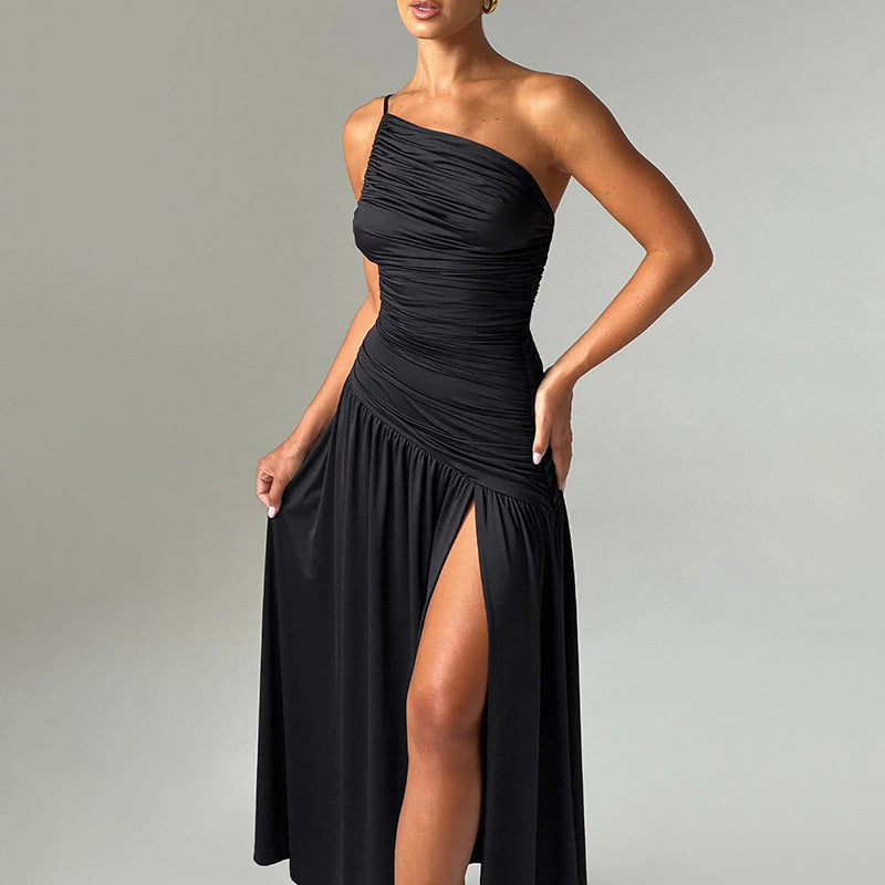 One Shoulder Spaghetti Strap Ruched Bodice High Split Maxi Dress 2