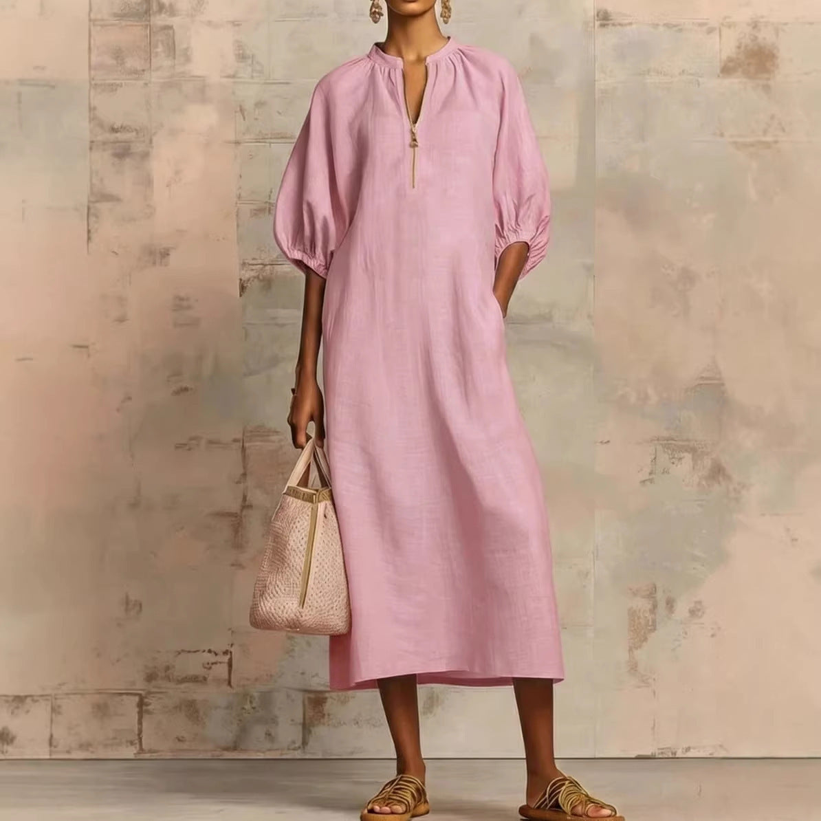 V-Neck Puff Sleeve Loose Linen Midi Dress Summer