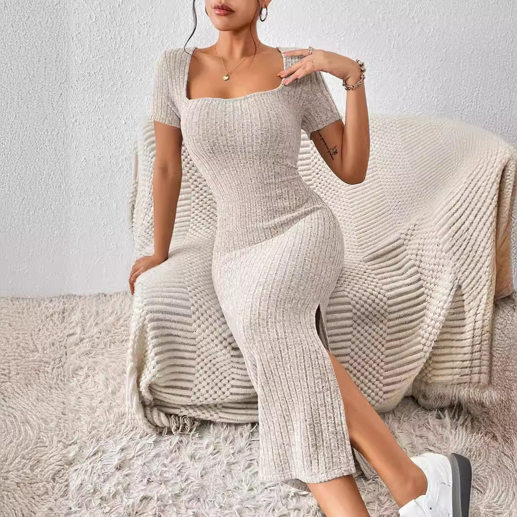 Summer Women Clothing Square Collar Sexy Slim Fit Slit Hip Wrapped Dress Women
