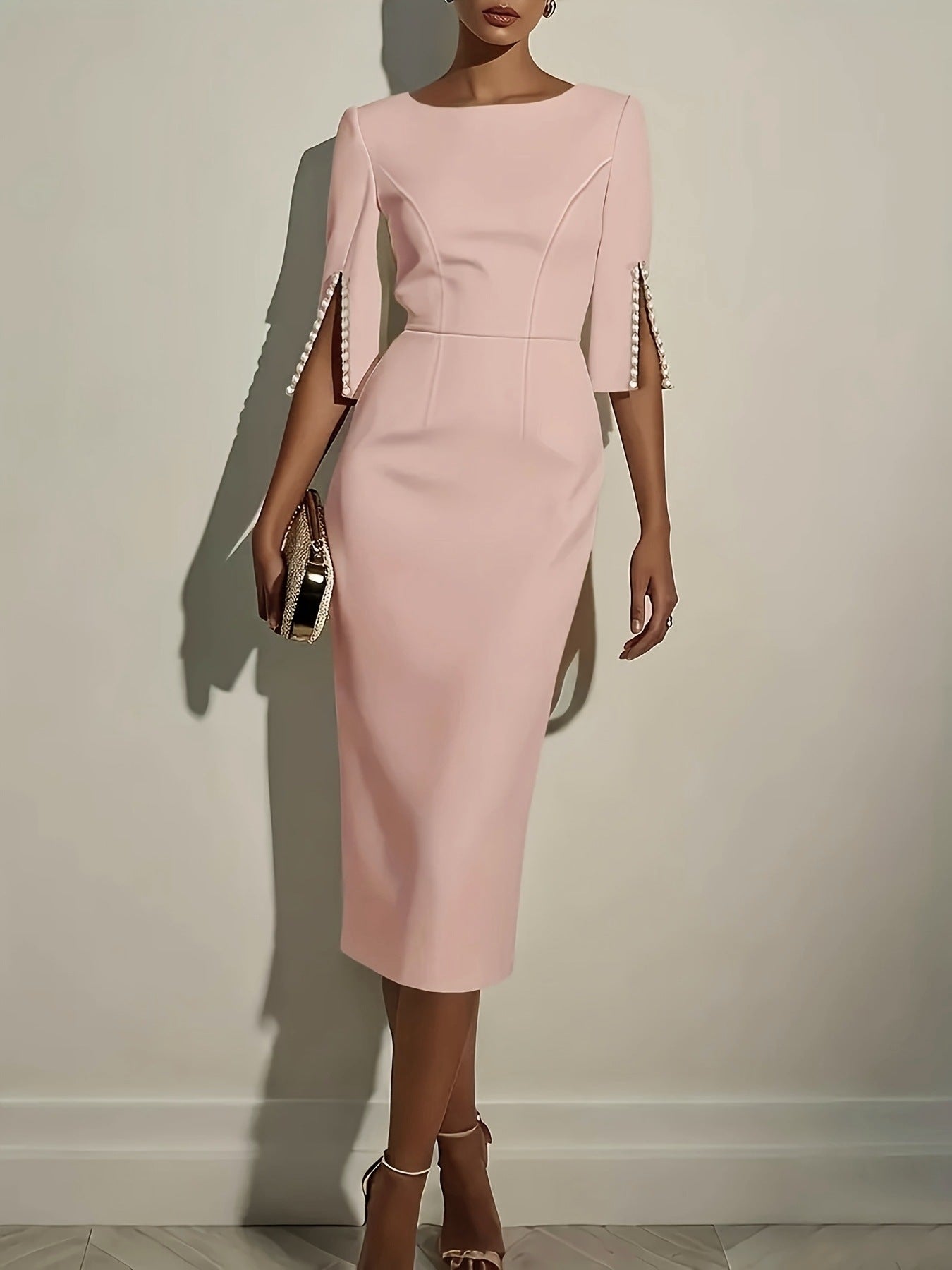 Boat Neck Split Sleeve Pearl Button Bodycon Midi Dress 8