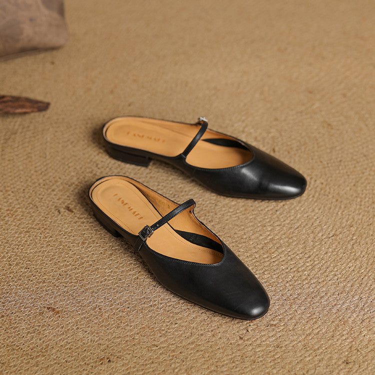 Round Toe Ankle Strap Low Block Heel Mary Jane Flats