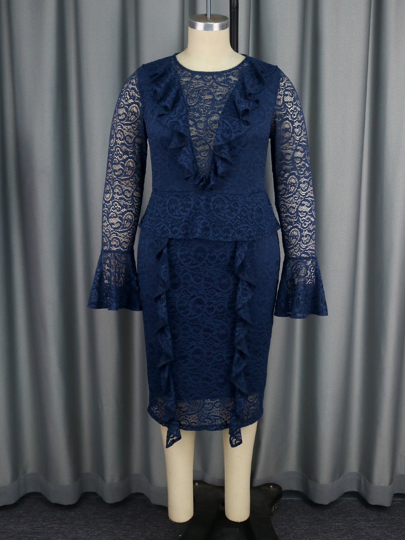 Lace Peplum Bell Sleeve Ruffle Front Pencil Midi Dress