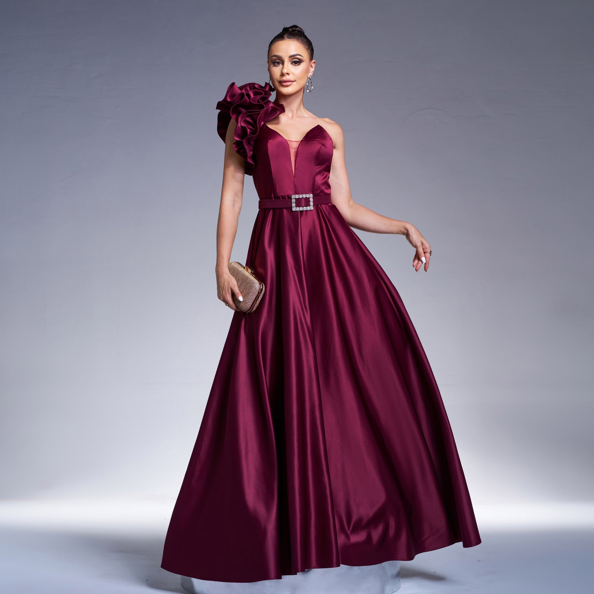 One Shoulder Ruffle Sweetheart Belted A-Line Satin Gown