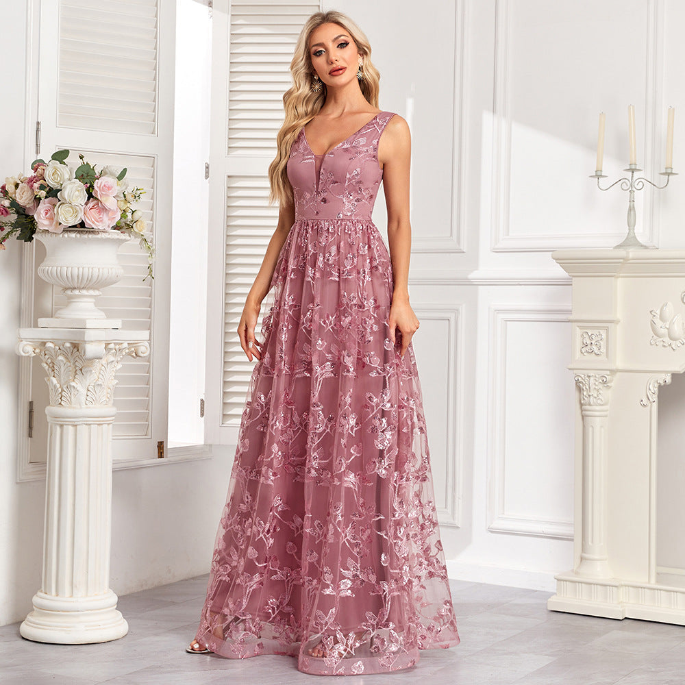 Floral Sequin V-Neck Sleeveless Tulle A-Line Maxi Gown