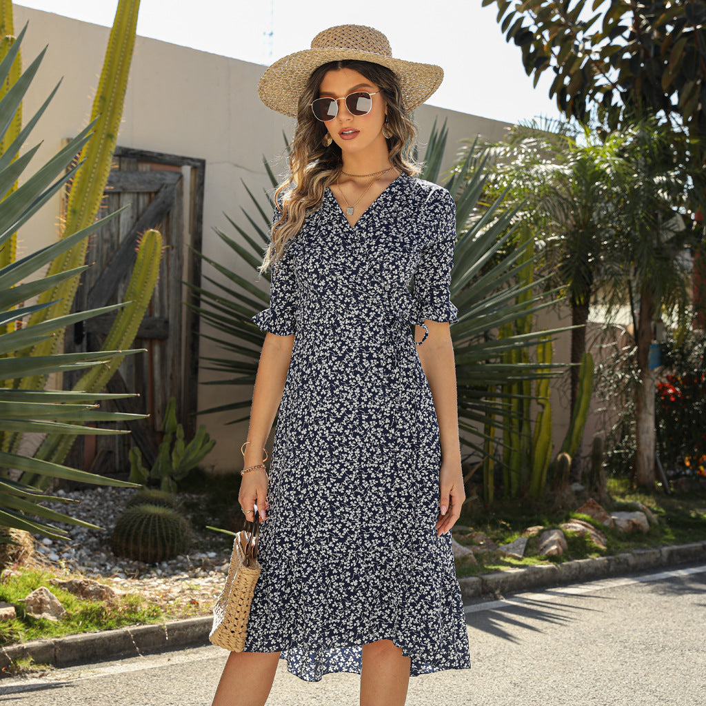 Ditsy Floral Wrap V-Neck Ruffle Sleeve Tie Waist Ruffle Hem Midi Dress 8