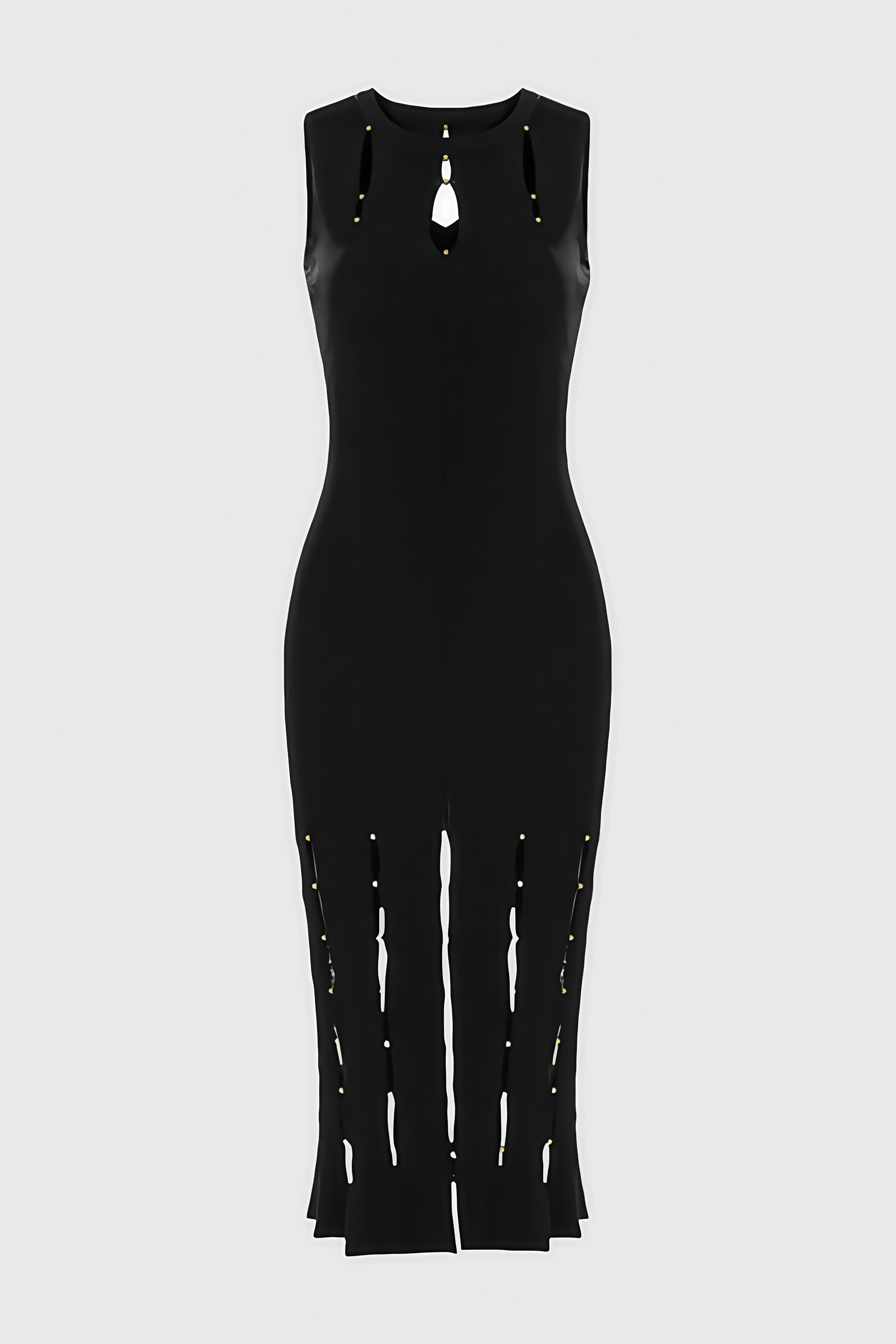 Beaded Openwork Caged Hem Rib Knit Sleeveless Bodycon Midi Dress