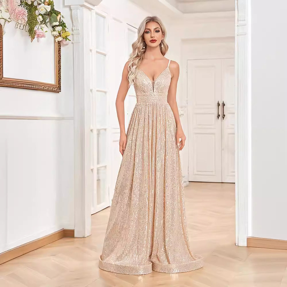 Sequin Deep V-Neck Backless Ruched A-Line Maxi Dress