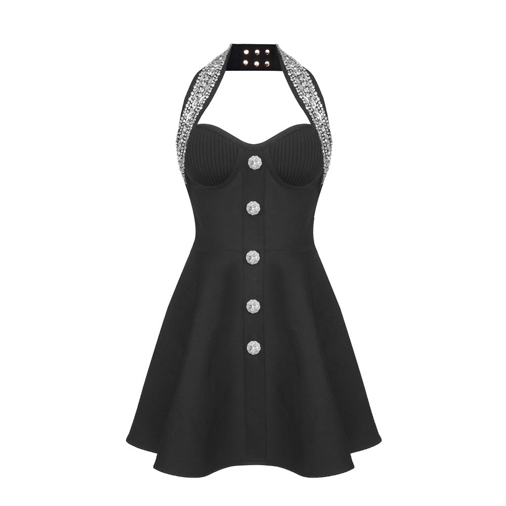 Rhinestone Halter Neck Sweetheart Button Front A-Line Mini Cocktail Dress