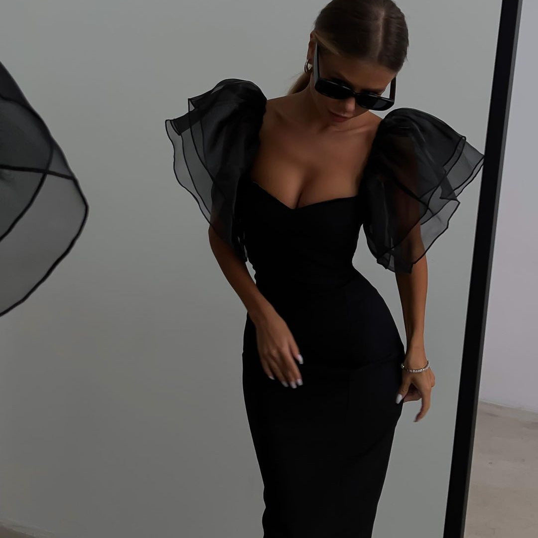 Sweetheart Neck Organza Ruffle Sleeve Bodycon Midi Dress 3