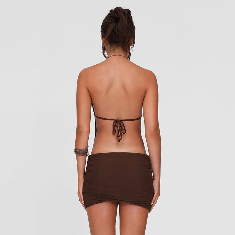 Halter Neck Open Back Tie Back Ruched Mini Dress