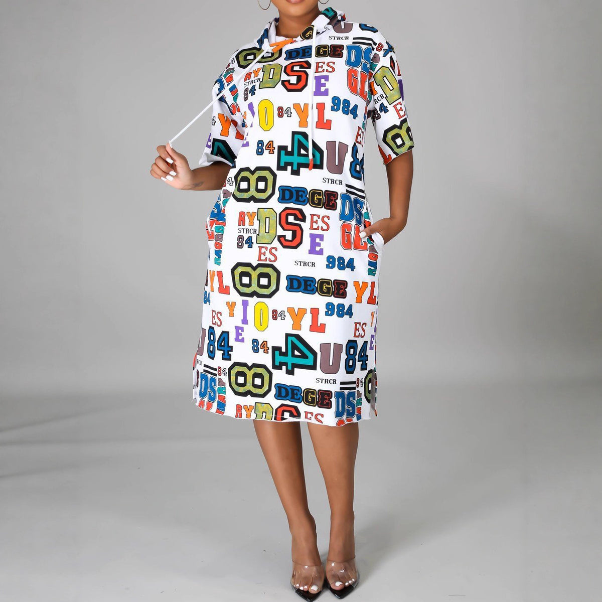 Letter Graphic Print Drawstring Hooded Short Sleeve Midi Dress with Pockets