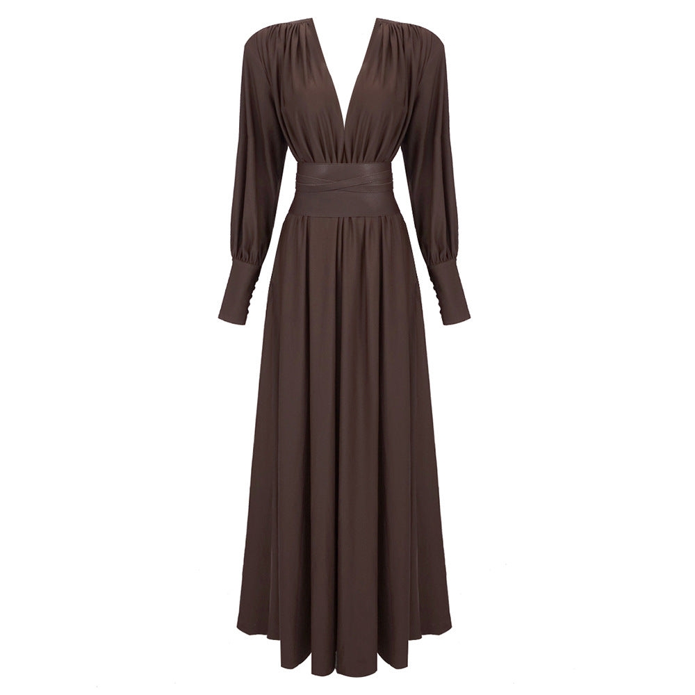 Chocolate Design Waist Seal Pleated Dress Brown Dress
