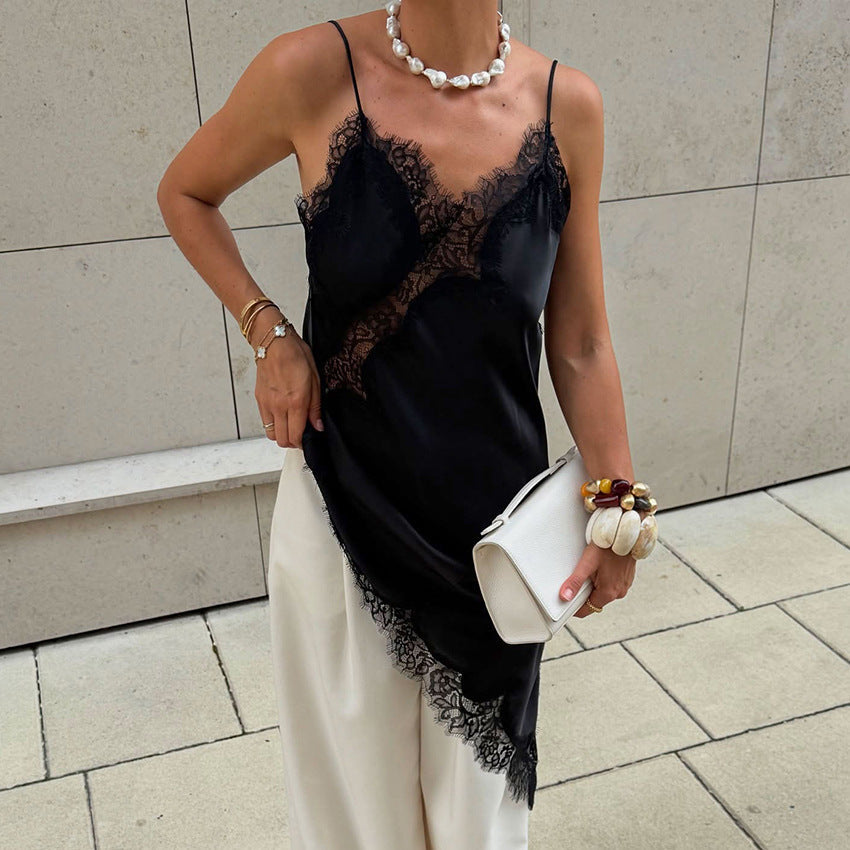 Satin Lace Trim Spaghetti Strap Slip Midi Dress