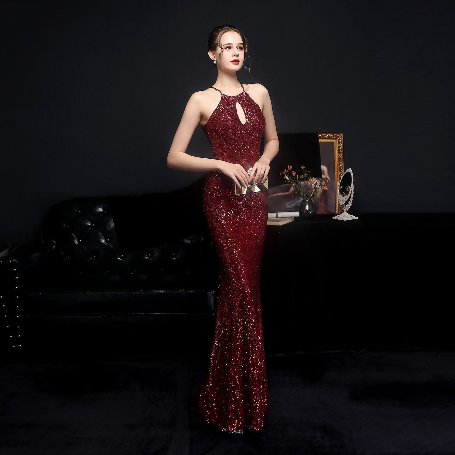 Halter Neck Keyhole Beaded Sequin Mermaid Gown