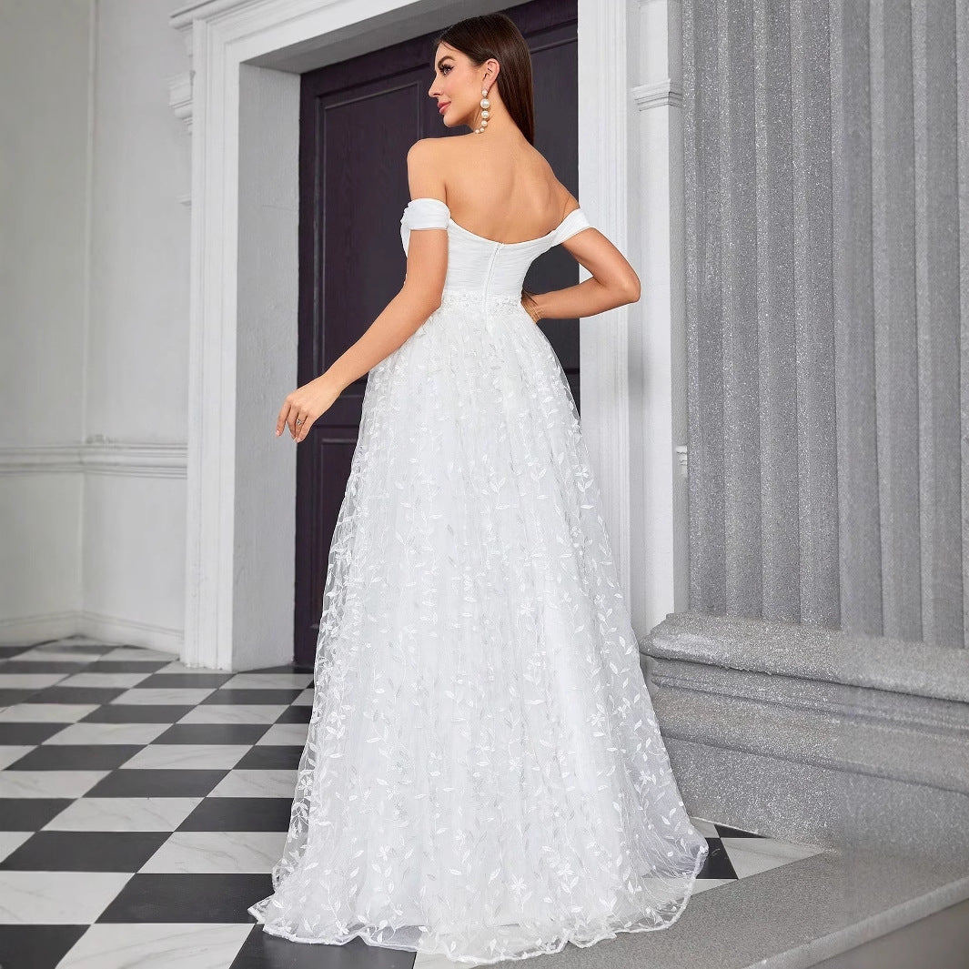 Floral Embroidered Off Shoulder Sweetheart A-Line Maxi Gown