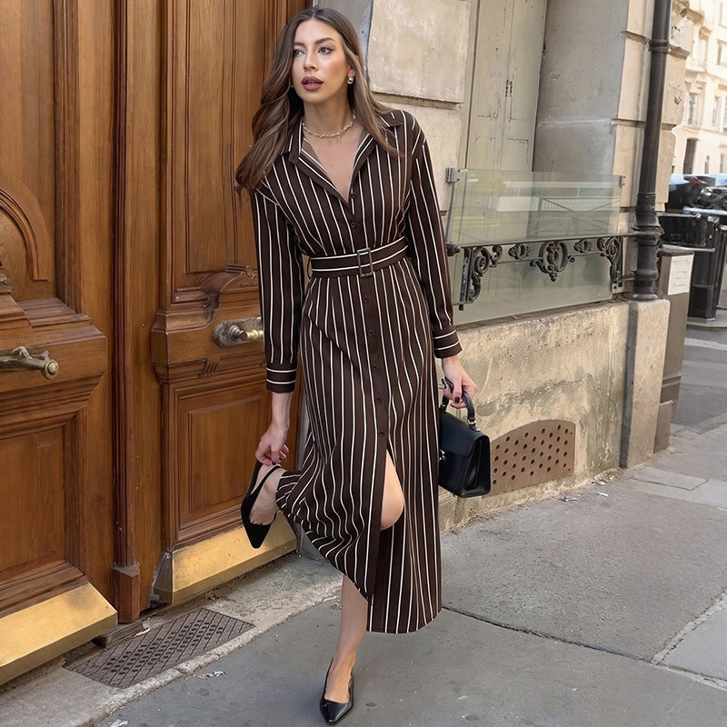 Pinstriped Collared Button Front Long Sleeve Belted Midi Shirt Dress 2