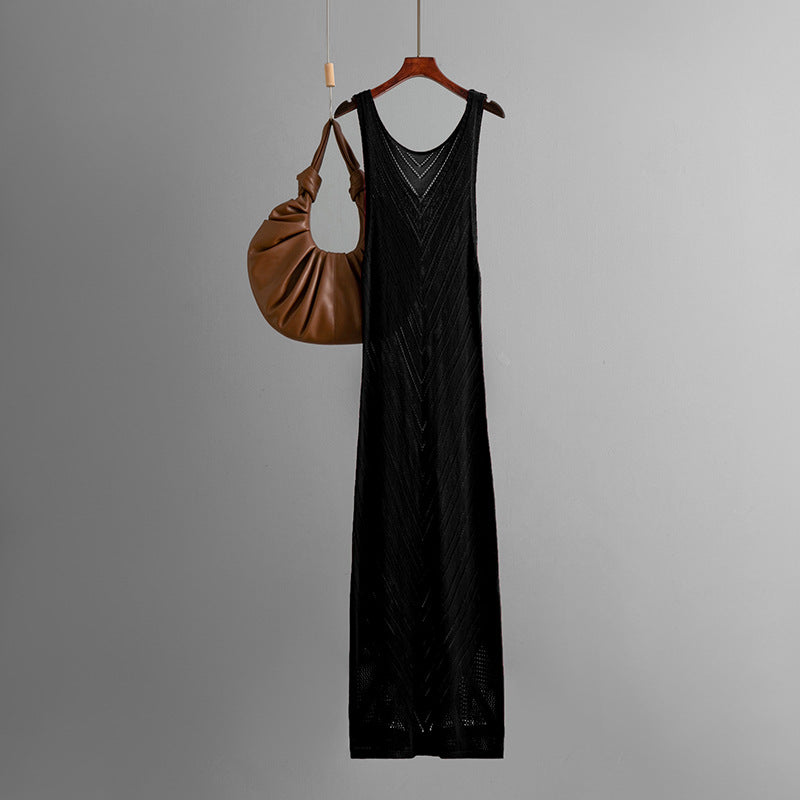 Pointelle Knit V-Neck Sleeveless Chevron Midi Tank Dress 2