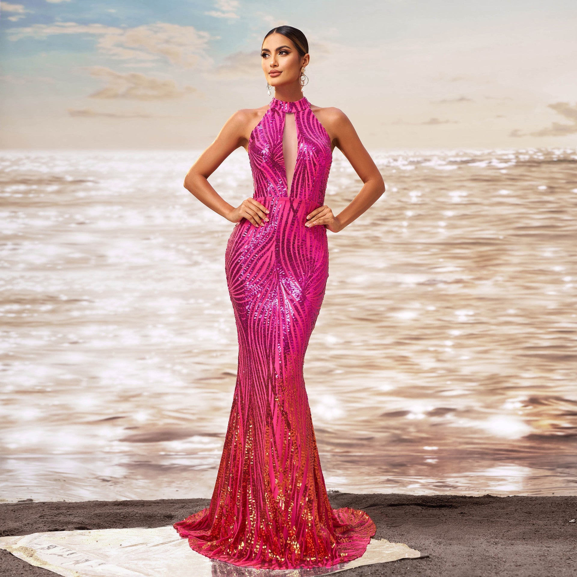 Sequin Halter Neck Keyhole Mermaid Fishtail Evening Gown