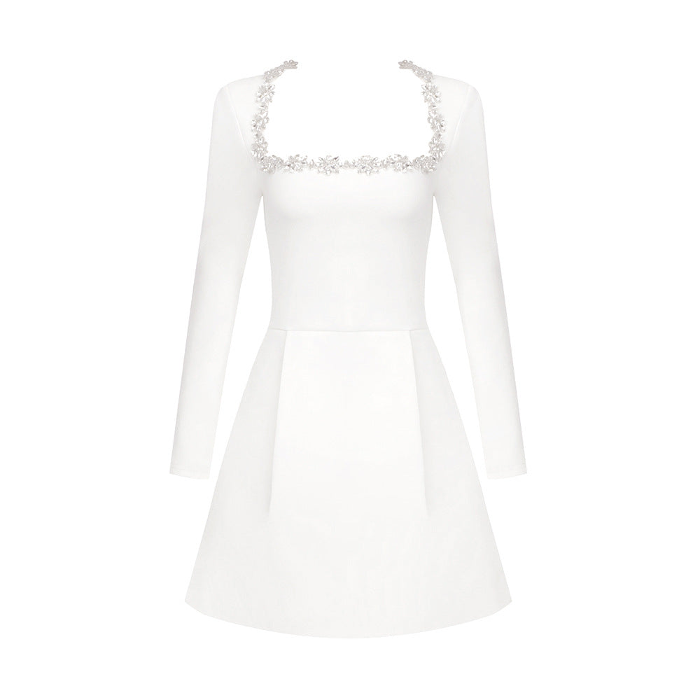Rhinestone Square Neck Long Sleeve Structured Shoulder A-Line Mini Dress