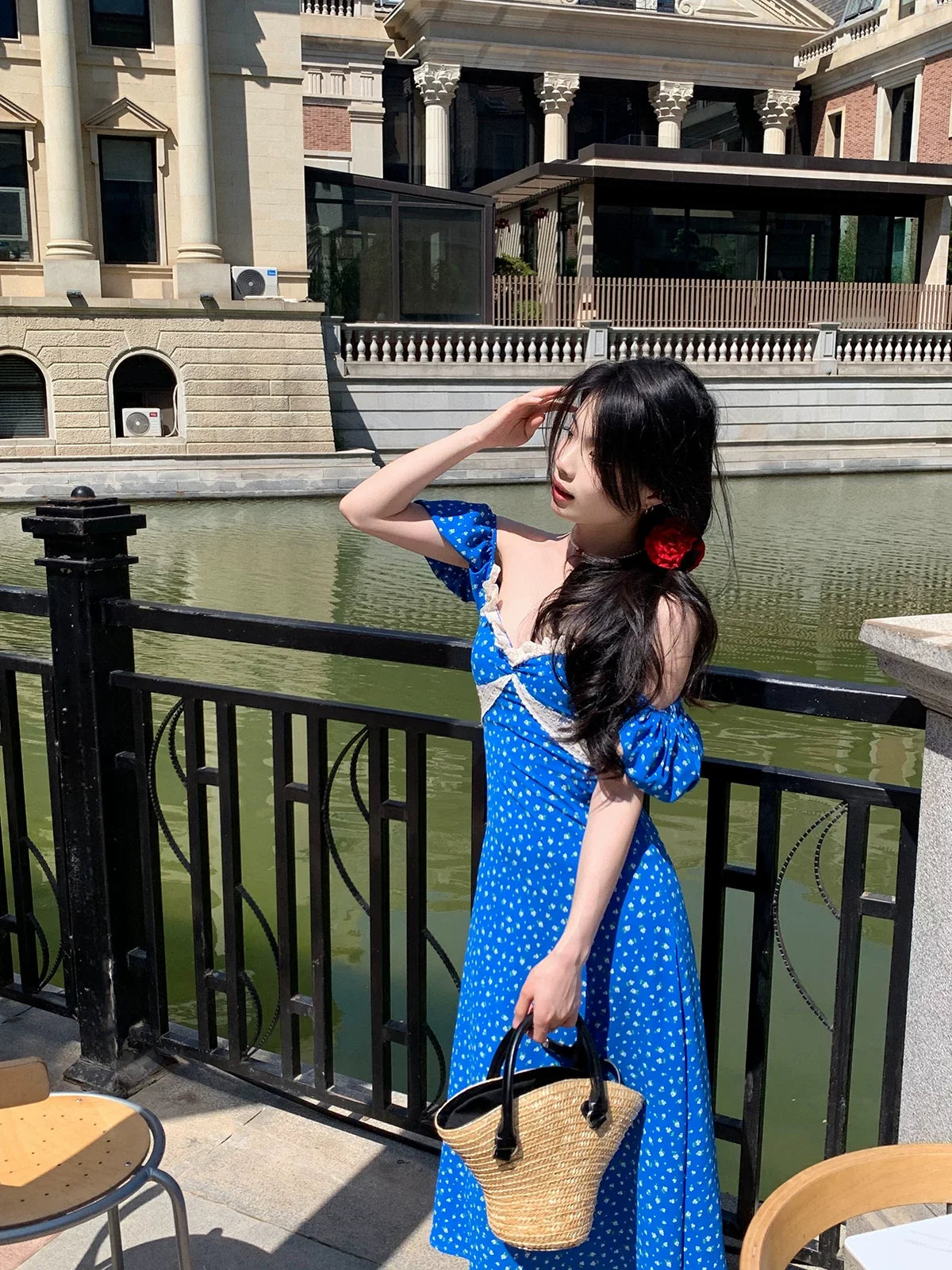 Floral Puff Sleeve Sweetheart Lace Trim Midi Dress 3