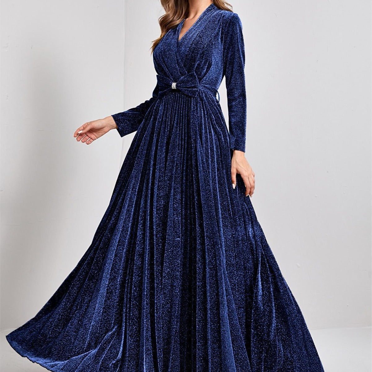 Glitter V-Neck Long Sleeve Pleated Maxi Gown