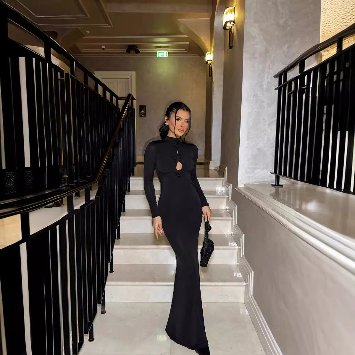 Fall Women Clothing Sexy Cutout Socialite Private Clothing Elegant Three Dimensional Floral Long Sleeve Slim Maxi Dress