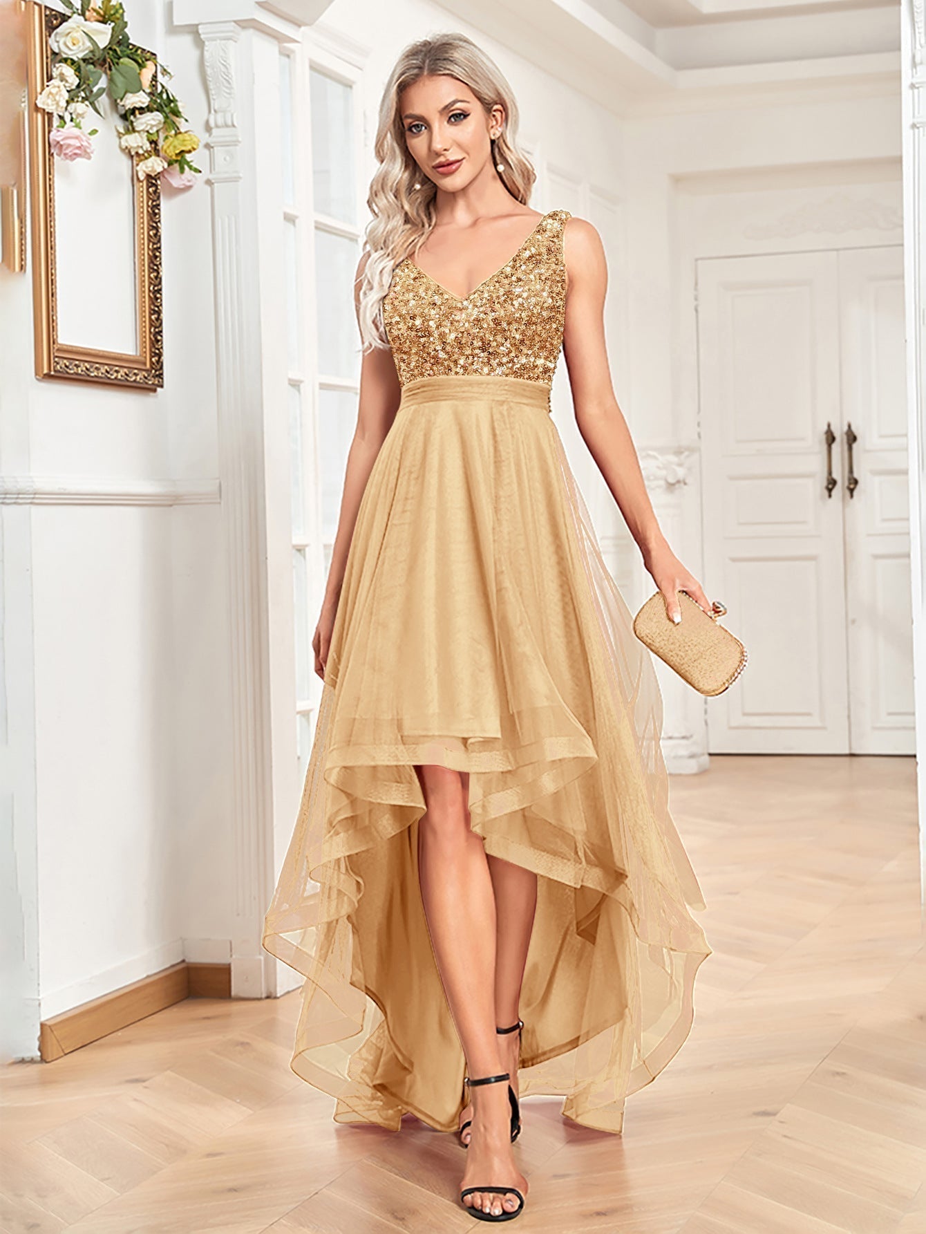 Sequin V-Neck Tulle High Low Midi Dress