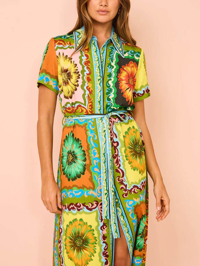 Floral Patchwork Print Collared Short Sleeve Button Front Belted Maxi Shirt Dress 2