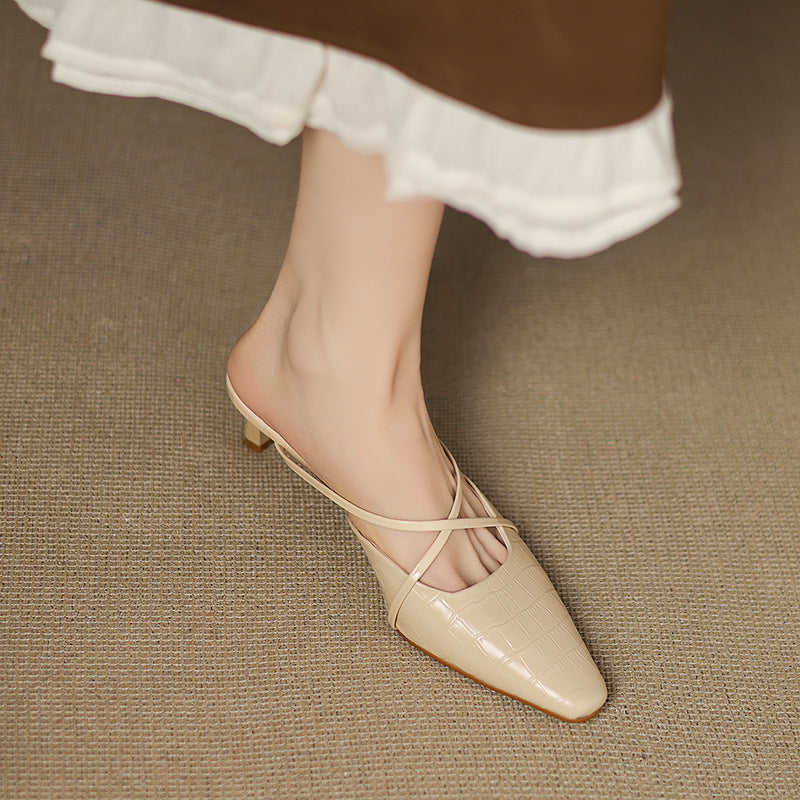 Croc Embossed Pointed Toe Kitten Heel Mules