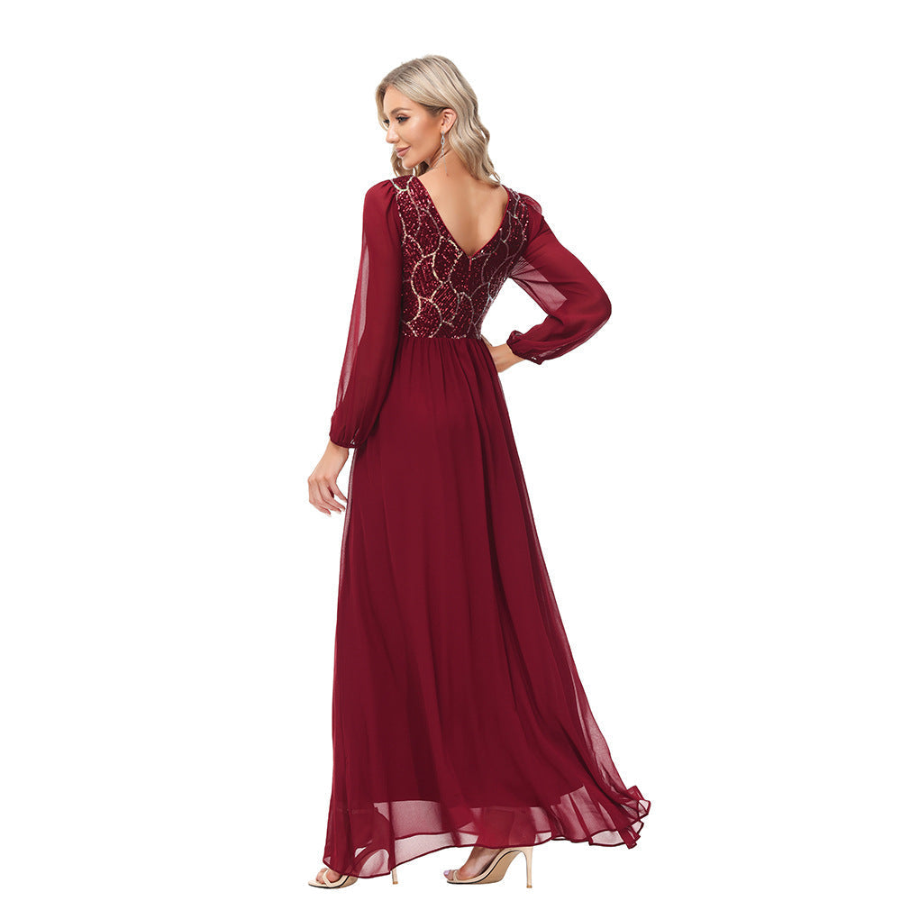 Sequin Round Neck Bishop Sleeve Chiffon A-Line Gown